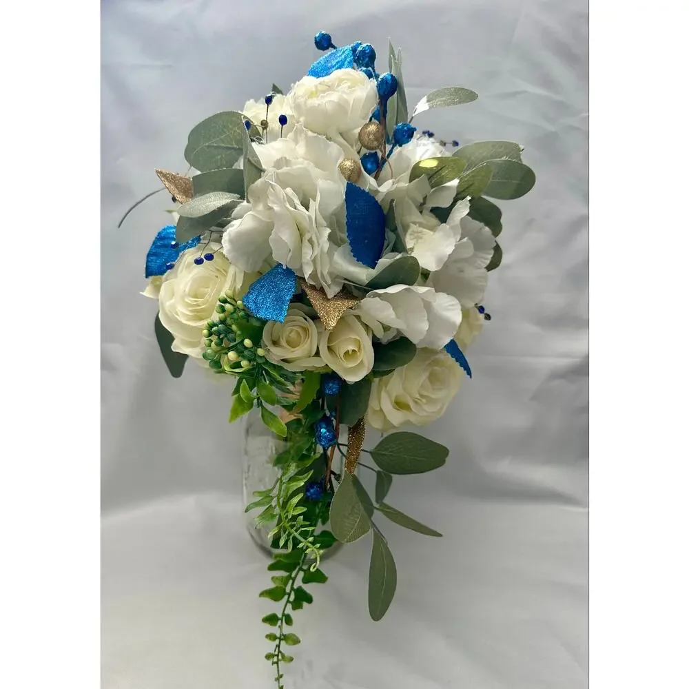 Homecoming prom floral bouquet artificial royal blue White off white gold